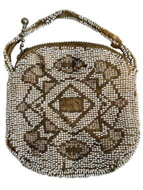 Vintage beaded pouch purse extra small brown white 1930s 1940s Wico zipper